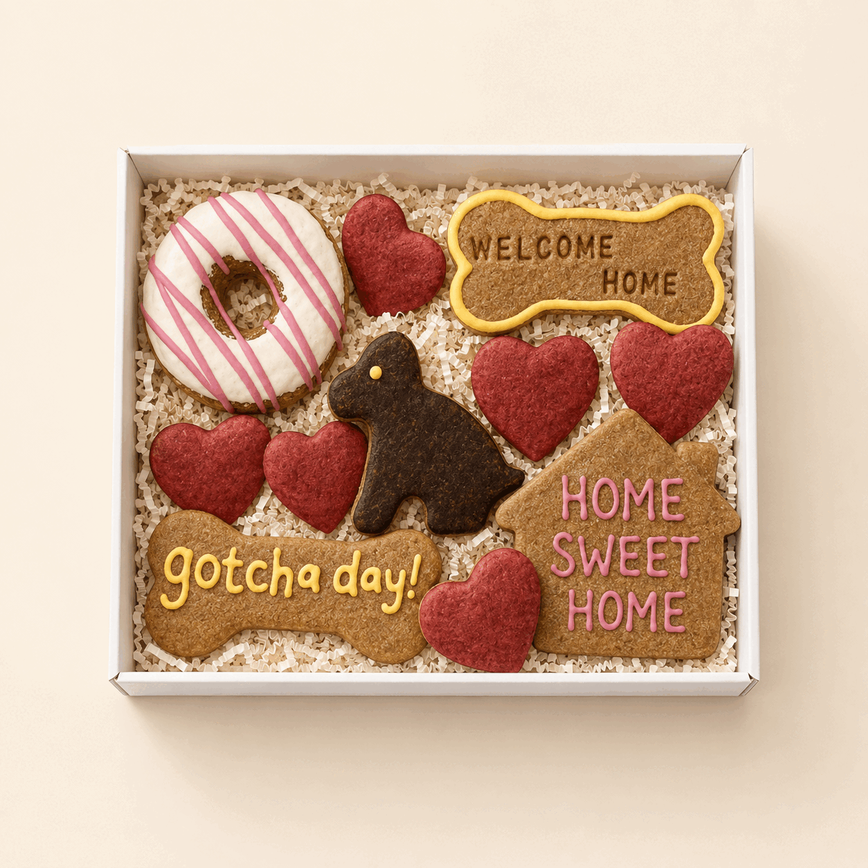 Colorful assortment of handmade dog desserts